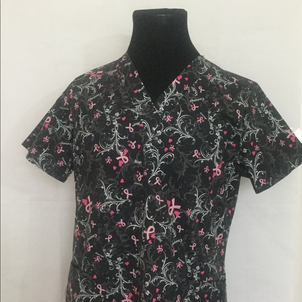 Scrub Studio Scrub Top Size L Pink Ribbons Black